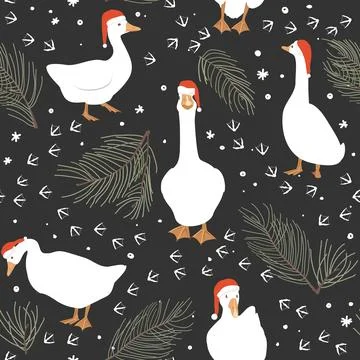 Seamless pattern of geese and geese paws imprints. Winter background with sno Stock Illustration