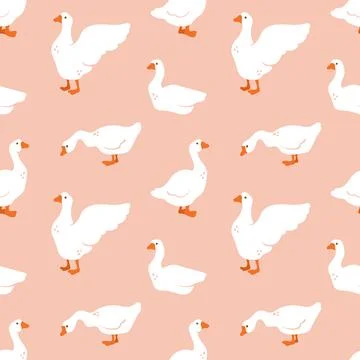 Seamless pattern with geese on peach background. Cute print with birds 스톡 일러스트