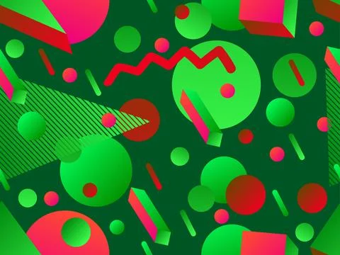 Seamless pattern with geometric 3d shapes in 80s style. Gradient 3d shapes .. Stock Illustration