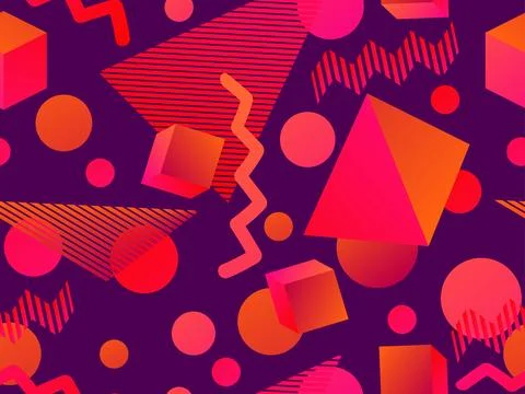 Seamless pattern with geometric 3d shapes in 80s style. Gradient 3d shapes .. Stock Illustration