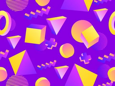 Seamless pattern with geometric 3d shapes in 80s style. Gradient 3d shapes .. イラスト素材