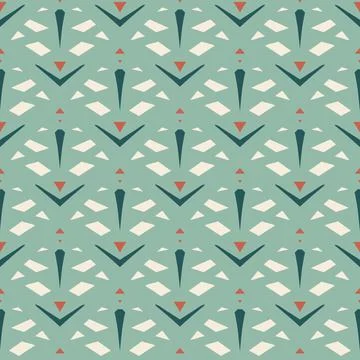 Seamless Pattern - Geometric Figures (Dark Green, Soft Green, Cream, Orange) Stock Illustration
