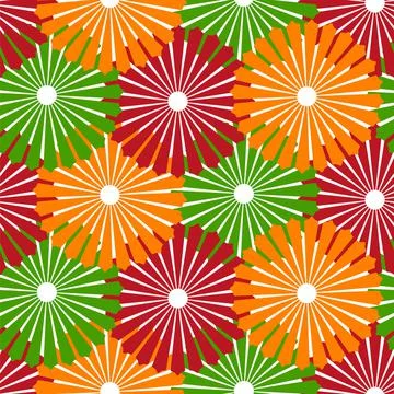 Seamless pattern of geometric flowers in red, yellow and green. Vector illust Stock Illustration