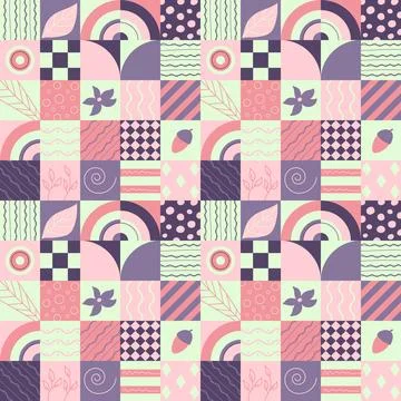 Seamless pattern with geometric forms and doodles leaf, acorn and more Illustrazione stock