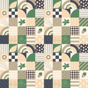 Seamless pattern with geometric forms and doodles leaf, acorn, flower and more Illustrazione stock