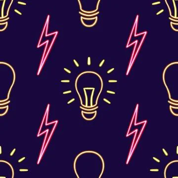 Seamless pattern geometric lightning bolt lamp figure glowing desktop icon, neon Stock Illustration