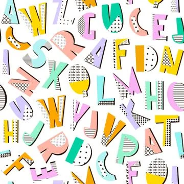 Seamless pattern with geometric modern letters. Memphis alphabet texture. P.. Stock Illustration