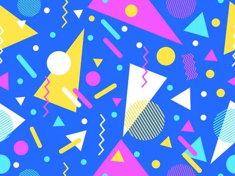 Seamless pattern with geometric shapes in 80s memphis style. Colorful geome.. Illustrazione stock