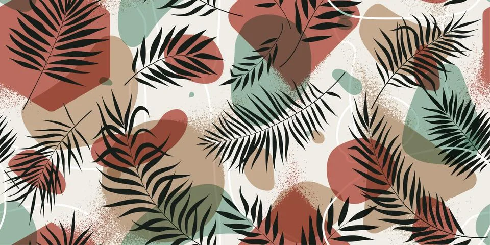 Seamless pattern with geometric shapes and exotic tropical leaves in pastel c Stock Illustration