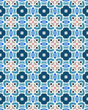 Seamless pattern with geometric shapes and flowers in blue tones Stock Illustration