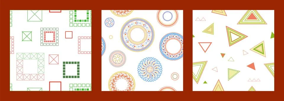 Seamless pattern of geometric shapes. Bright seamless pattern. Set of 3 pat.. Stock Illustration