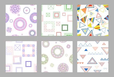 Seamless pattern of geometric shapes. Bright seamless pattern. Set of 6 patterns Stock Illustration