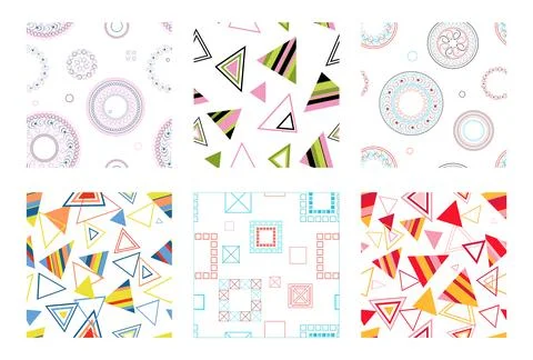 Seamless pattern of geometric shapes. Bright seamless pattern. Set of 6 patterns Stock Illustration