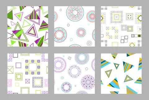 Seamless pattern of geometric shapes. Bright seamless pattern. Set of 6 patterns 库存插图