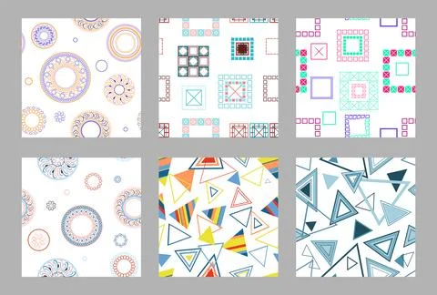 Seamless pattern of geometric shapes. Bright seamless pattern. Set of 6 patterns Stock Illustration