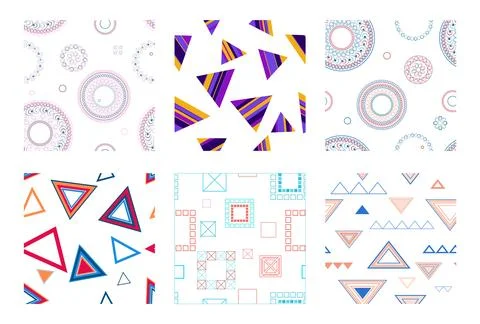 Seamless pattern of geometric shapes. Bright seamless pattern. Set of 6 patterns Stock Illustration