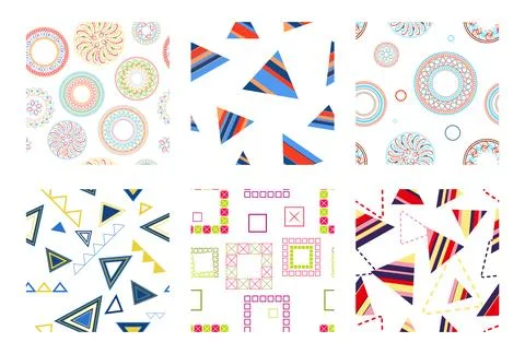 Seamless pattern of geometric shapes. Bright seamless pattern. Set of 6 patterns Stock Illustration