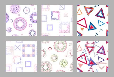 Seamless pattern of geometric shapes. Bright seamless pattern. Set of 6 patterns Stock Illustration