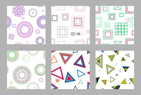 Seamless pattern of geometric shapes. Bright seamless pattern. Set of 6 patterns Stock Illustration