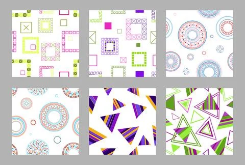 Seamless pattern of geometric shapes. Bright seamless pattern. Set of 6 patterns Stock Illustration