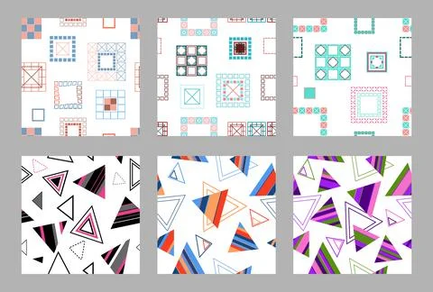 Seamless pattern of geometric shapes. Bright seamless pattern. Set of 6 patterns Stock Illustration