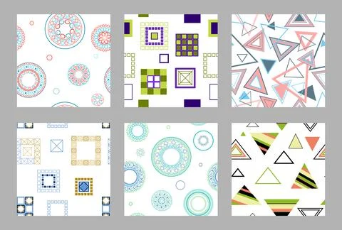 Seamless pattern of geometric shapes. Bright seamless pattern. Set of 6 pat.. Stock Illustration
