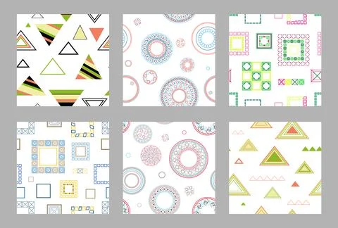 Seamless pattern of geometric shapes. Bright seamless pattern. Set of 6 pat.. Иллюстрация