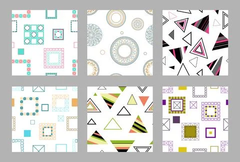 Seamless pattern of geometric shapes. Bright seamless pattern. Set of 6 patterns Stock Illustration