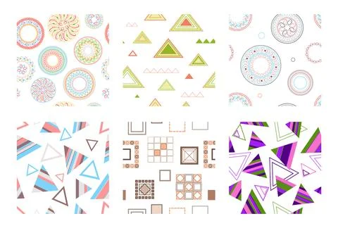 Seamless pattern of geometric shapes. Bright seamless pattern. Set of 6 patterns Illustrazione stock