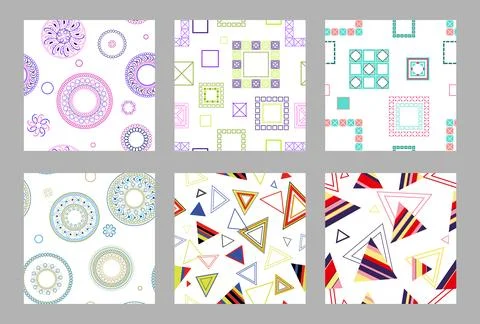 Seamless pattern of geometric shapes. Bright seamless pattern. Set of 6 patterns Illustrazione stock