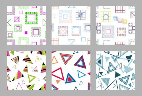 Seamless pattern of geometric shapes. Bright seamless pattern. Set of 6 patterns Stock Illustration