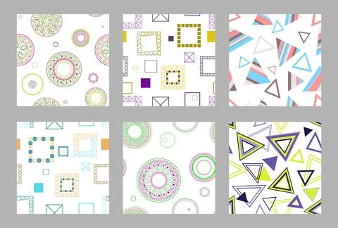 Seamless pattern of geometric shapes. Bright seamless pattern. Set of 6 patterns Stockillustratie