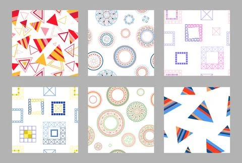 Seamless pattern of geometric shapes. Bright seamless pattern. Set of 6 patterns Stockillustratie