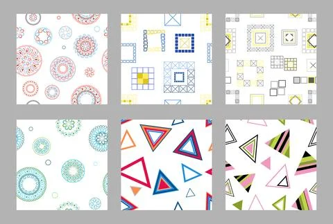 Seamless pattern of geometric shapes. Bright seamless pattern. Set of 6 patterns Stockillustratie