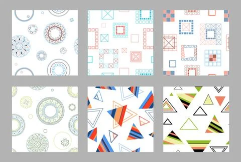 Seamless pattern of geometric shapes. Bright seamless pattern. Set of 6 pat.. Stockillustratie