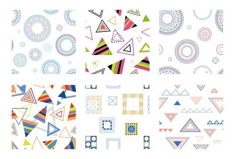 Seamless pattern of geometric shapes. Bright seamless pattern. Set of 6 pat.. Illustrazione stock
