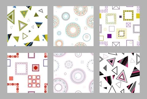 Seamless pattern of geometric shapes. Bright seamless pattern. Set of 6 pat.. Illustrazione stock