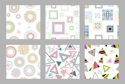 Seamless pattern of geometric shapes. Bright seamless pattern. Set of 6 pat.. Stock Illustration