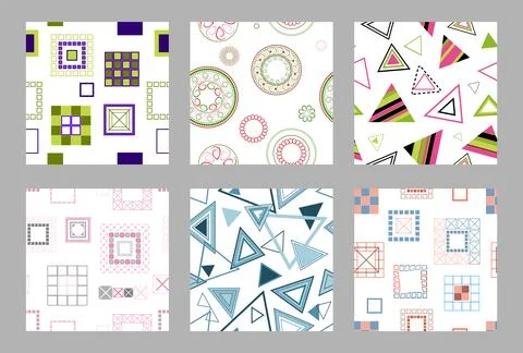 Seamless pattern of geometric shapes. Bright seamless pattern. Set of 6 pat.. Stock Illustration