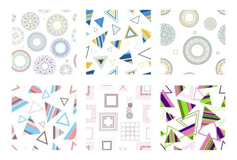 Seamless pattern of geometric shapes. Bright seamless pattern. Set of 6 patterns Illustrazione stock
