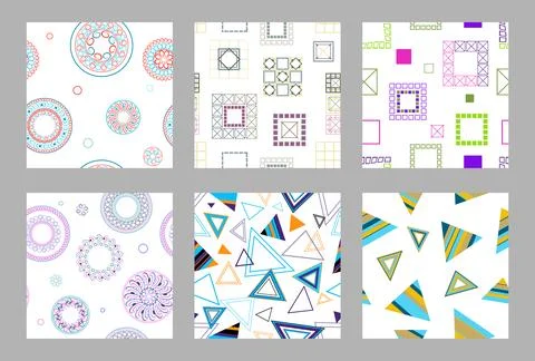 Seamless pattern of geometric shapes. Bright seamless pattern. Set of 6 patterns Illustrazione stock