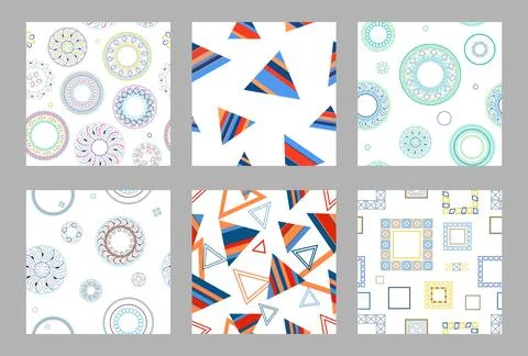 Seamless pattern of geometric shapes. Bright seamless pattern. Set of 6 pat.. Illustrazione stock