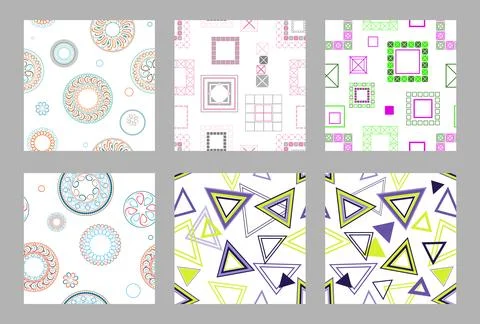 Seamless pattern of geometric shapes. Bright seamless pattern. Set of 6 pat.. Illustrazione stock
