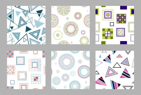 Seamless pattern of geometric shapes. Bright seamless pattern. Set of 6 pat.. Illustrazione stock