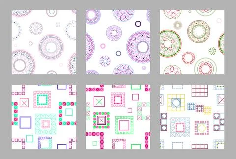 Seamless pattern of geometric shapes. Bright seamless pattern. Set of 6 pat.. Illustrazione stock