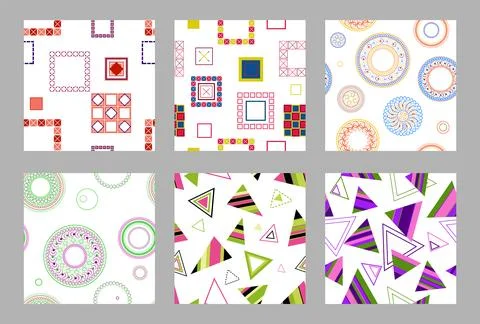 Seamless pattern of geometric shapes. Bright seamless pattern. Set of 6 pat.. Stockillustratie