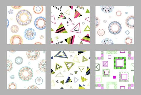 Seamless pattern of geometric shapes. Bright seamless pattern. Set of 6 pat.. Stock Illustration