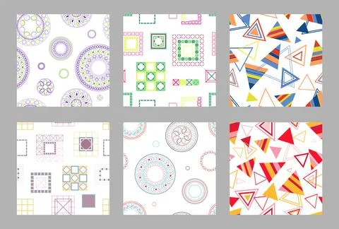 Seamless pattern of geometric shapes. Bright seamless pattern. Set of 6 pat.. Stock Illustration
