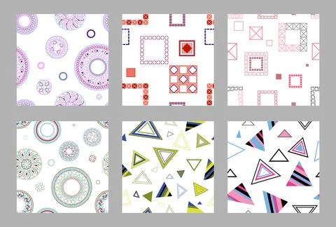 Seamless pattern of geometric shapes. Bright seamless pattern. Set of 6 pat.. Stockillustratie