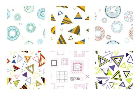 Seamless pattern of geometric shapes. Bright seamless pattern. Set of 6 pat.. Stockillustratie